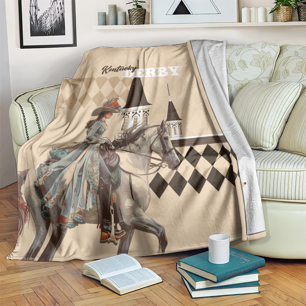 Beige Kentucky Derby twin blanket draped on sofa, horse rider art and checkered band