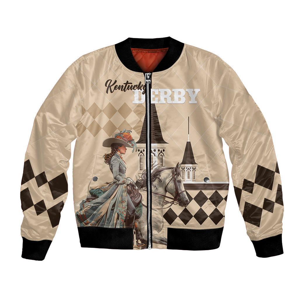 Beige bomber jacket with Kentucky Derby horse rider artwork and black ribbed cuffs