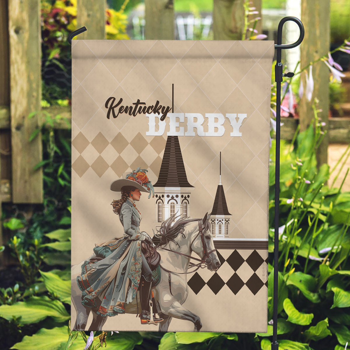 Kentucky Horse Racing Garden Flag Derby Lady Riding Horse Twin Spires - Wonder Print Shop