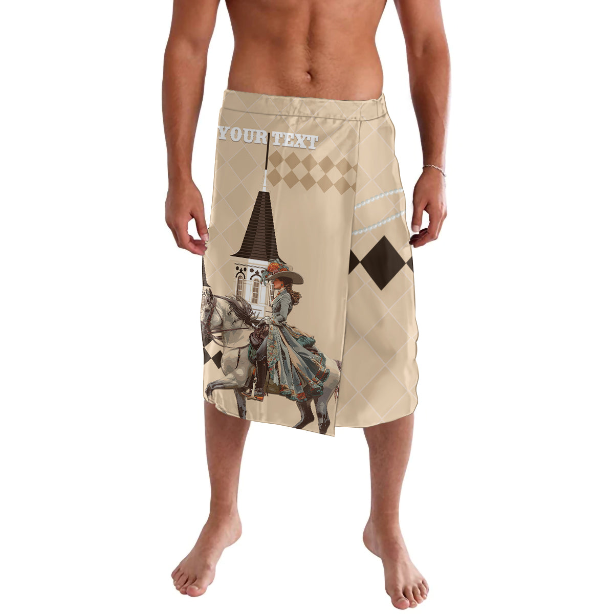 Beige lavalava skirt with custom text strip and horse-rider graphic panel