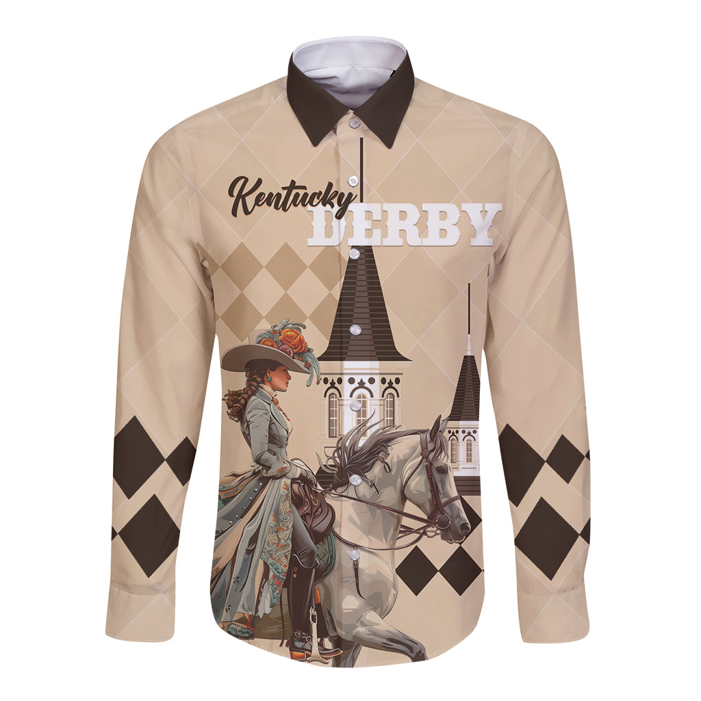 Beige long-sleeve button shirt with black collar, argyle sleeves, horse-and-rider graphic