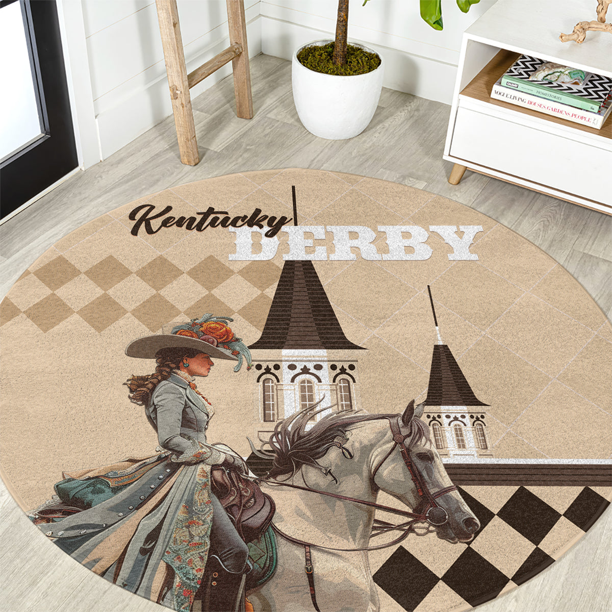 Beige round area rug detail with horse, rider, Kentucky Derby text, and spires