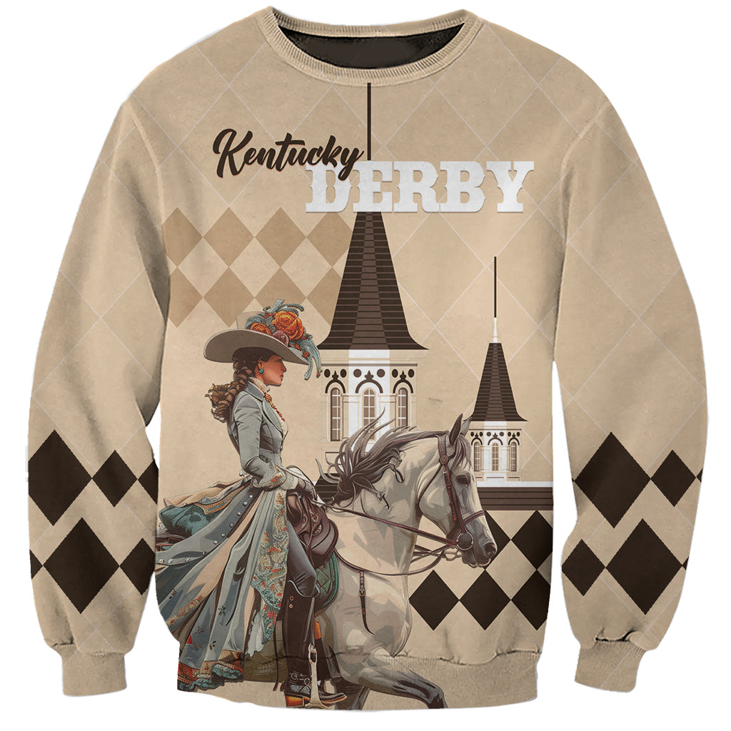 Beige sweatshirt with Kentucky Derby horse-and-rider graphic and diamond sleeve accents