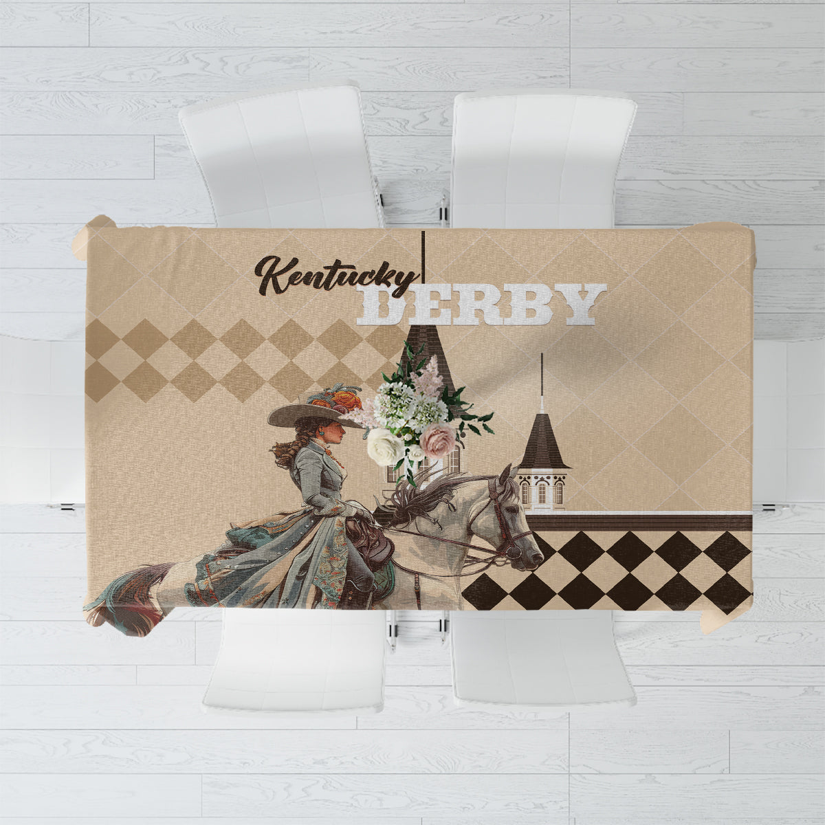 Beige tablecloth featuring Kentucky Derby text, floral horse scene, and checkered trim