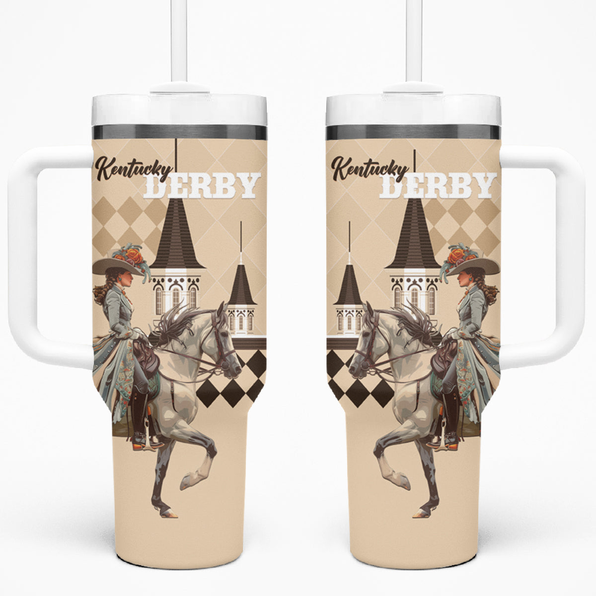 Kentucky Horse Racing Tumbler With Handle Derby Lady Riding Horse Twin Spires - Wonder Print Shop