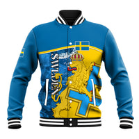 Blue baseball jacket with striped ribbed collar and Sweden lion crest graphic