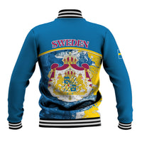 Blue baseball jacket back with striped ribbed collar and Sweden crest text graphic