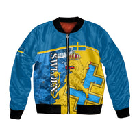 Blue unisex bomber jacket with front zipper and Sweden lion coat-of-arms graphic