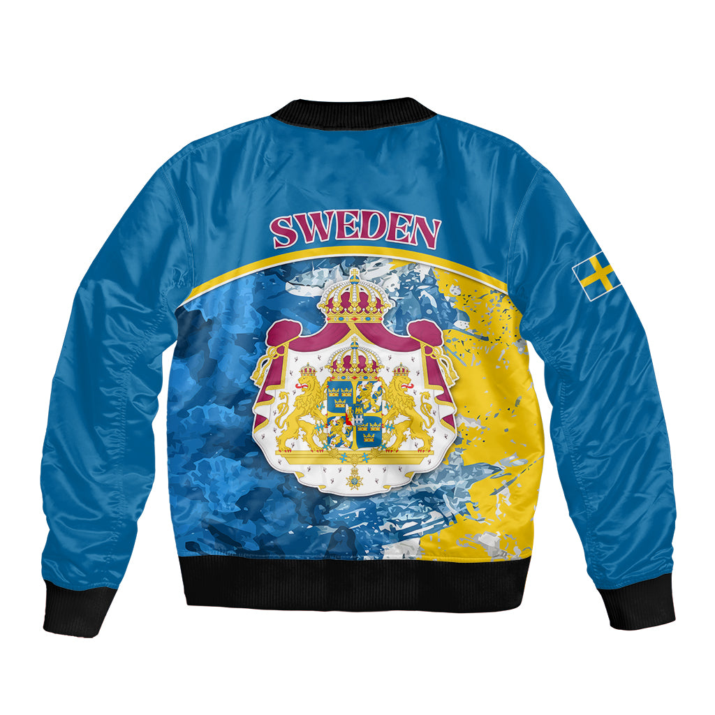 Blue unisex bomber jacket with ribbed collar and back Sweden coat-of-arms graphic