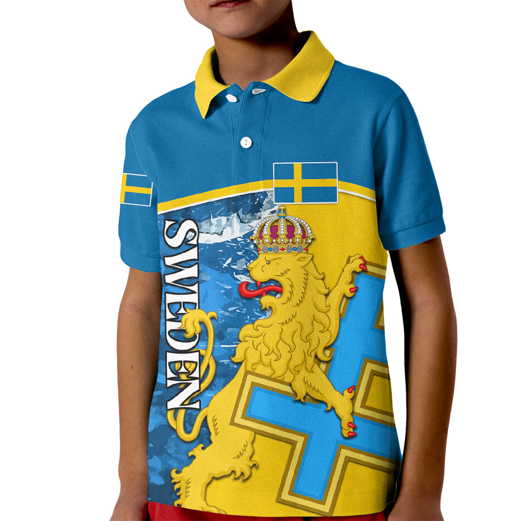 Sweden Kid Polo Shirt Swedish Lion With Coat Of Arms - Wonder Print Shop