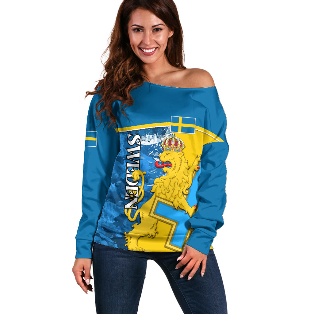 Sweden Off Shoulder Sweater Swedish Lion With Coat Of Arms - Wonder Print Shop