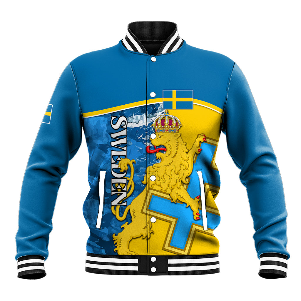 Blue varsity baseball jacket with Sweden crest graphic and striped ribbed collar