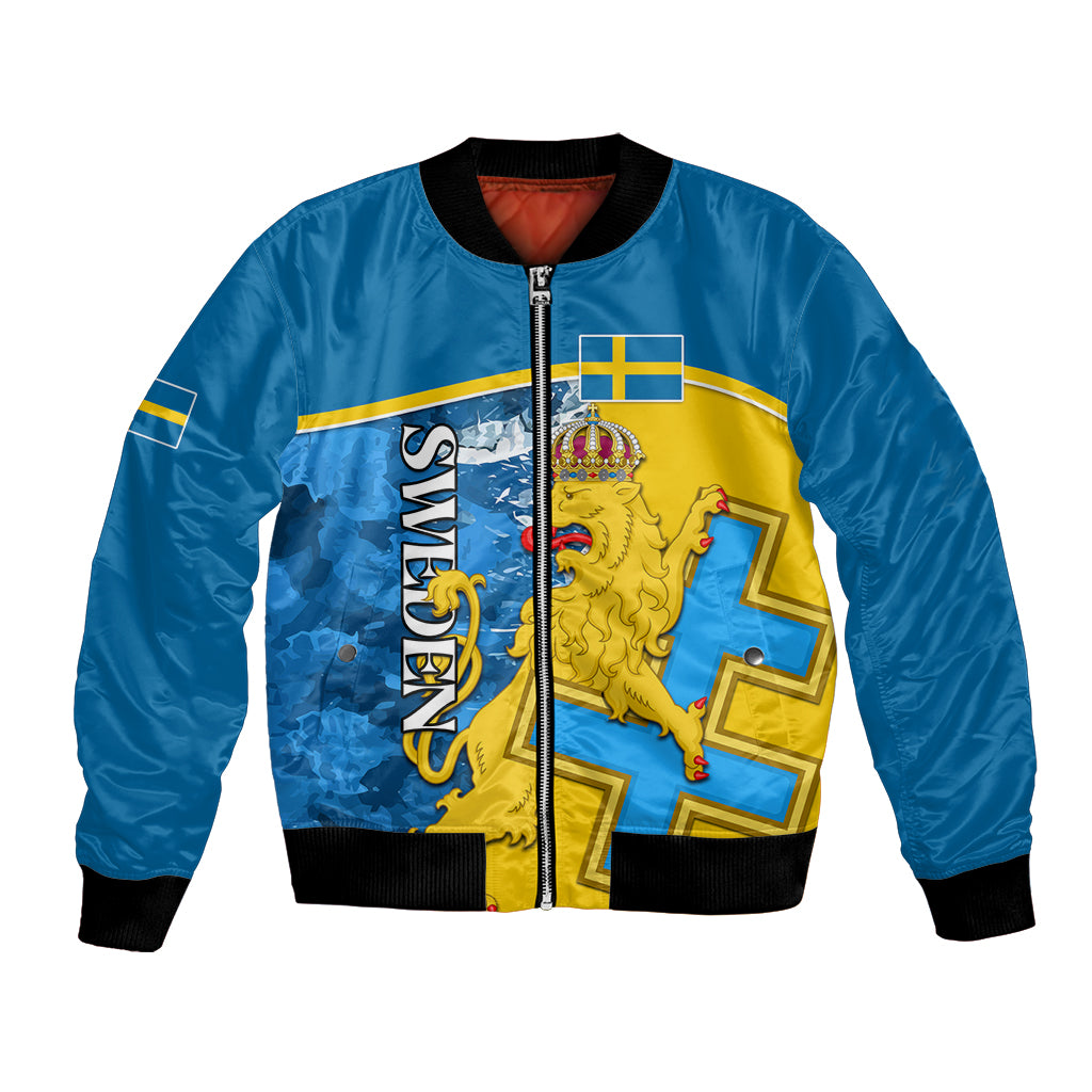 Blue unisex bomber jacket with zipper, black rib trim, Sweden crest and lion graphic