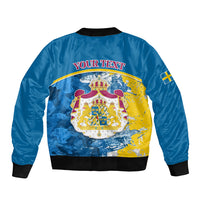 Blue unisex bomber jacket with rib trim, zipper, Sweden coat-of-arms crest and 'YOUR TEXT'