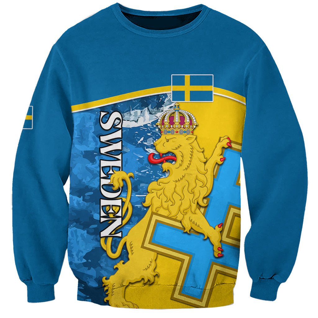 Unisex blue sweatshirt with Swedish lion and coat of arms graphic front
