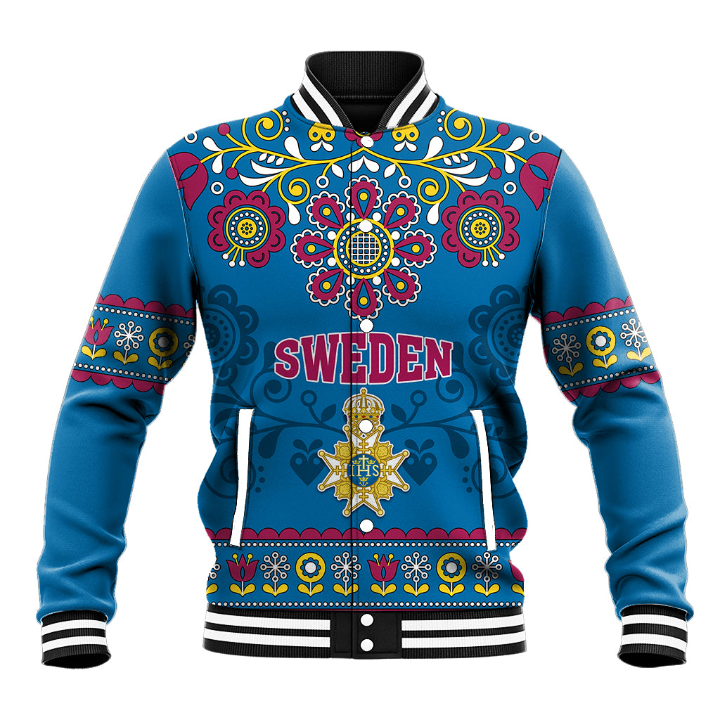 Sweden Baseball Jacket Swedish Three Crown Mix Scandinavian Flowers - Wonder Print Shop