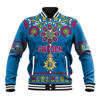Blue unisex hooded baseball jacket with Sweden front graphic and floral pattern