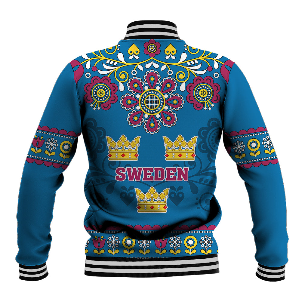 Blue unisex hooded baseball jacket with Sweden back crest and floral pattern