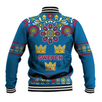 Blue unisex hooded baseball jacket with Sweden back crest and floral pattern