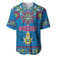 Blue baseball jersey with colorful floral print and Sweden text front