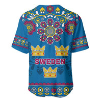 Blue baseball jersey with floral pattern, crowns, hearts, and Sweden back graphic