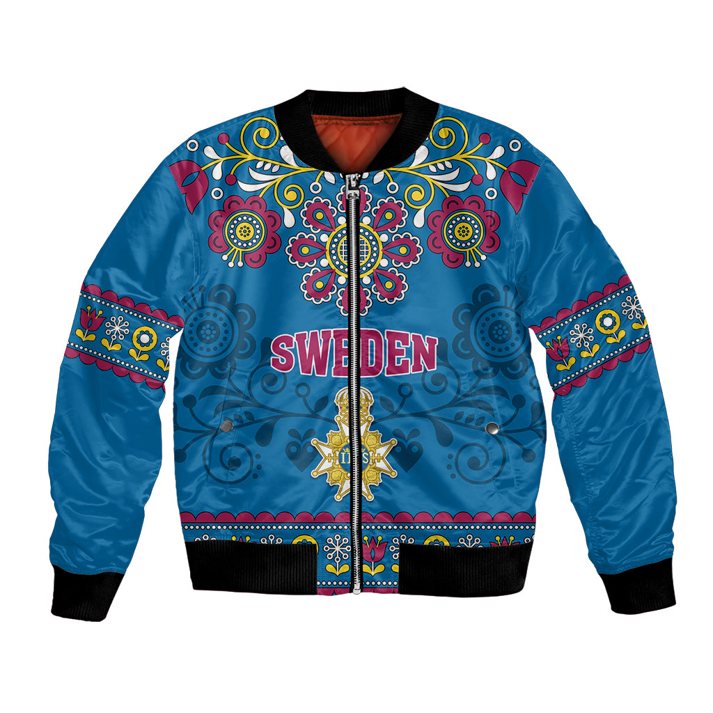 Blue bomber jacket with Sweden crest, colorful floral embroidery, front zipper
