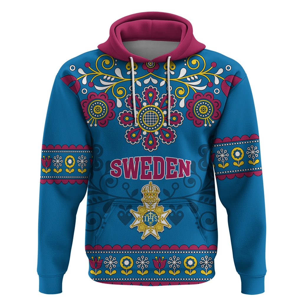 Sweden Hoodie Swedish Three Crown Mix Scandinavian Flowers - Wonder Print Shop