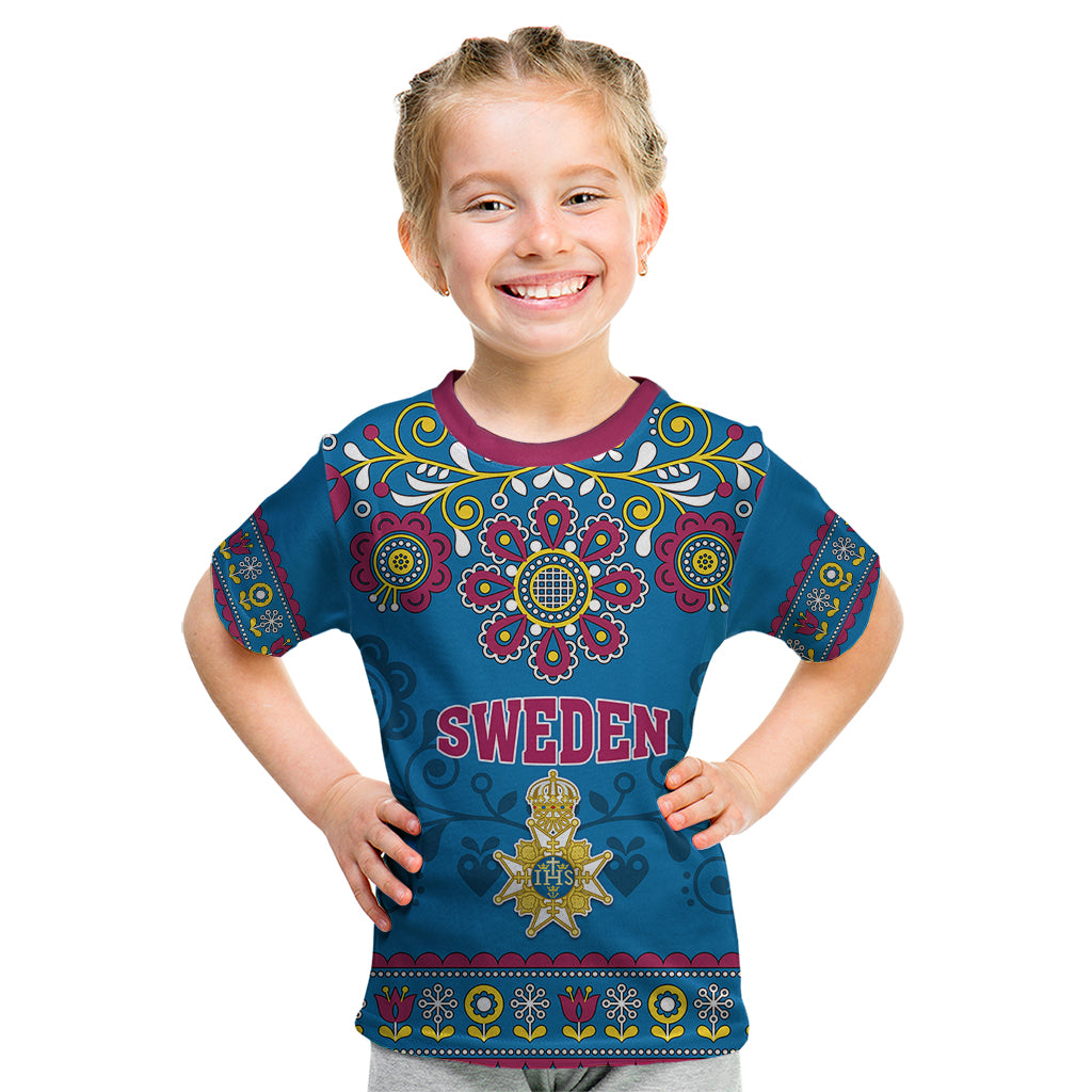 Sweden Kid T Shirt Swedish Three Crown Mix Scandinavian Flowers - Wonder Print Shop