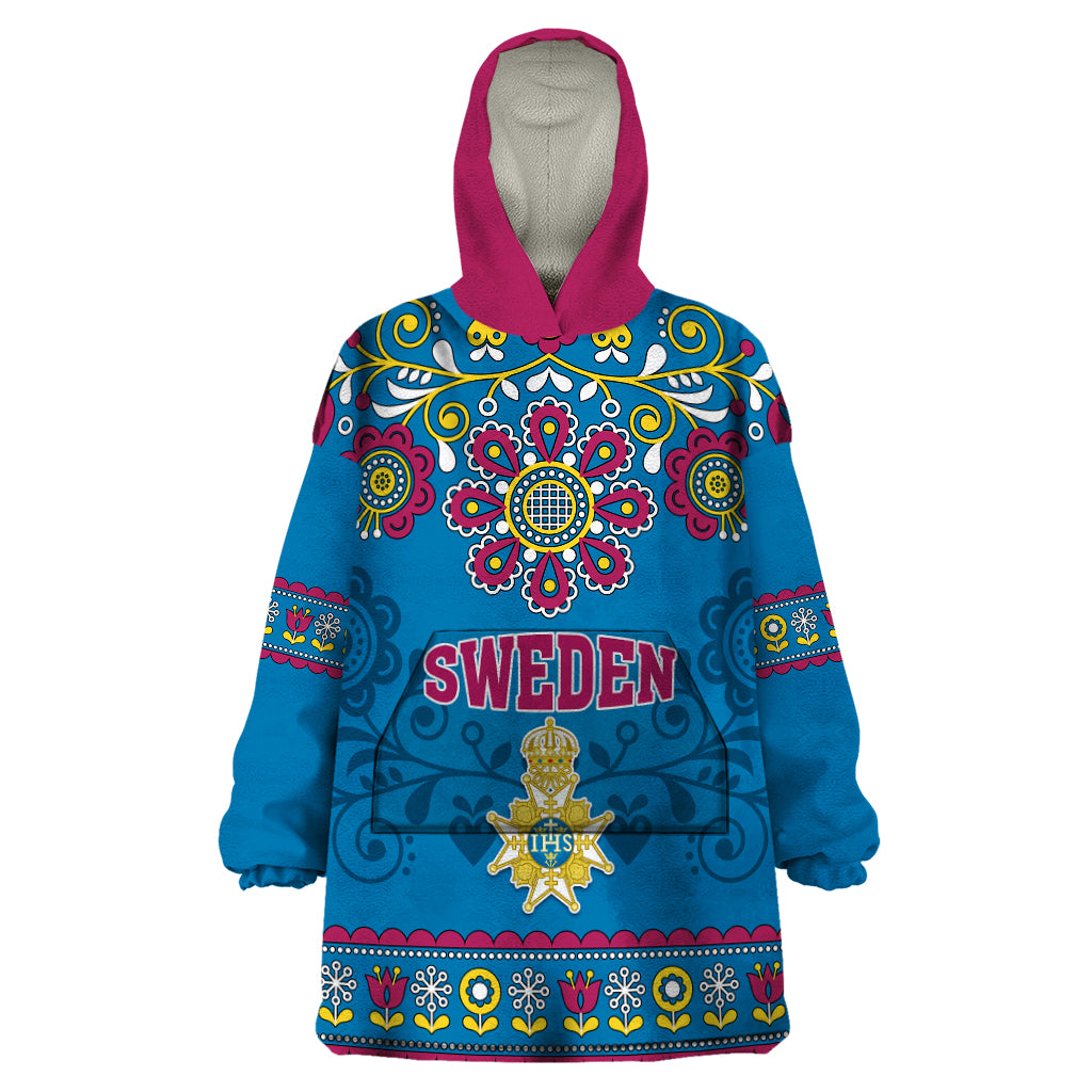 Sweden Wearable Blanket Hoodie Swedish Three Crown Mix Scandinavian Flowers - Wonder Print Shop