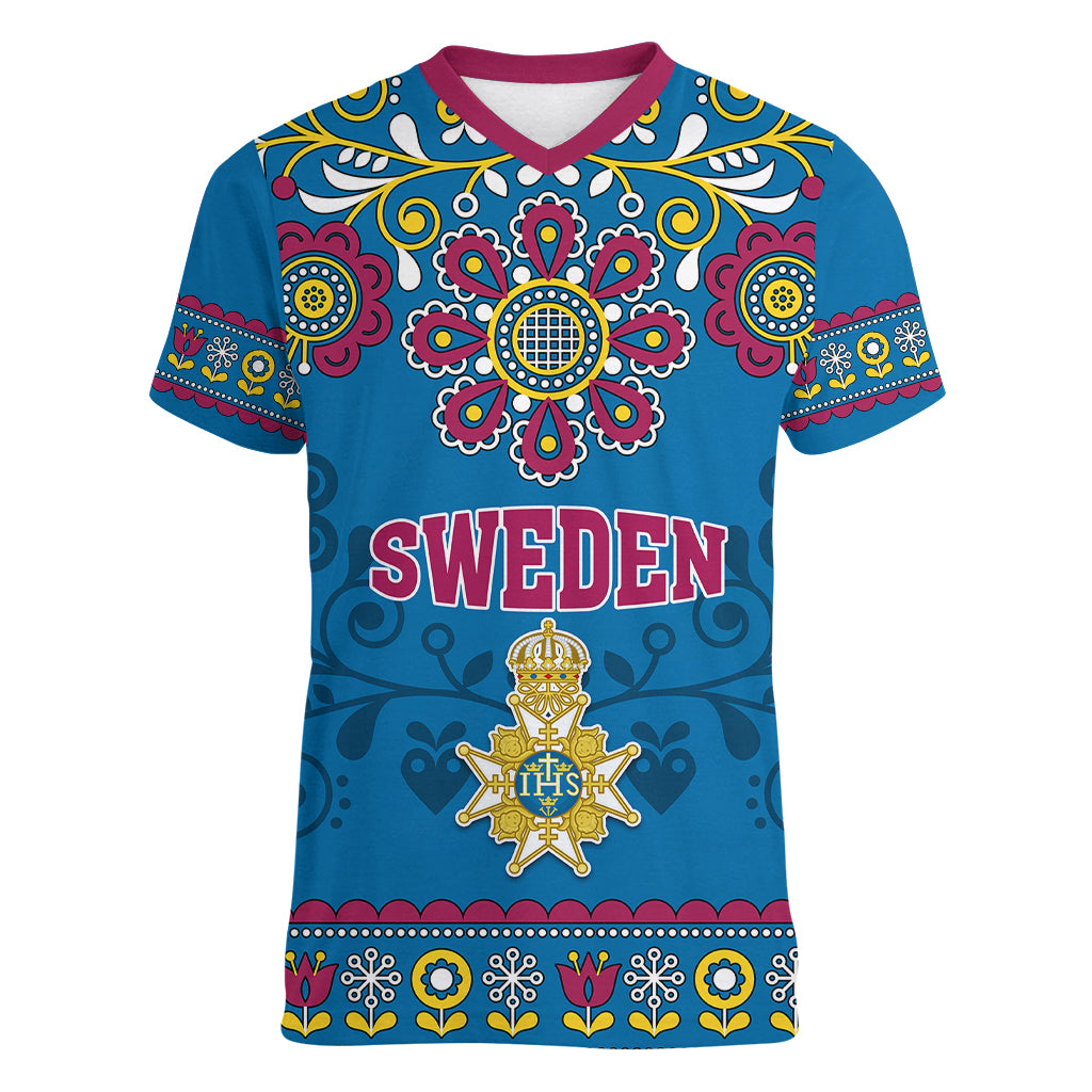 sweden-women-v-neck-t-shirt-swedish-three-crown-mix-scandinavian-flowers