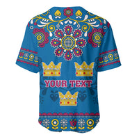 Blue baseball jersey with folk floral pattern and “YOUR TEXT” plus crowns and hearts.