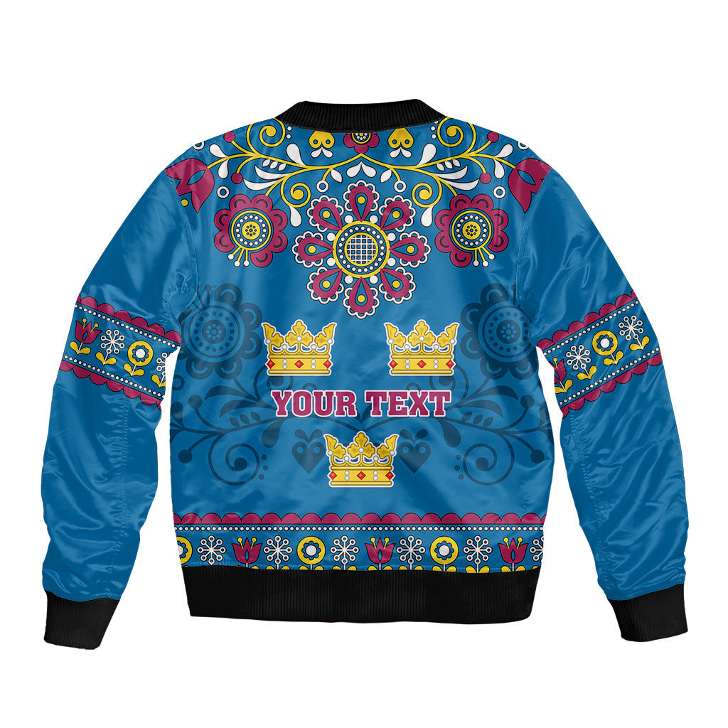 Unisex blue bomber jacket with zip, 'YOUR TEXT' and gold crown graphic