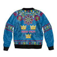 Unisex blue bomber jacket with zip, 'YOUR TEXT' and gold crown graphic