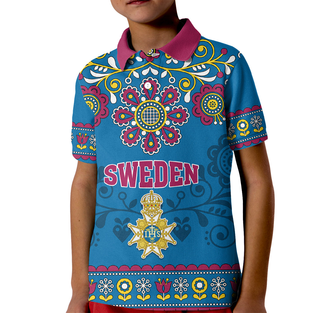 Custom Sweden Kid Polo Shirt Swedish Three Crown Mix Scandinavian Flowers - Wonder Print Shop