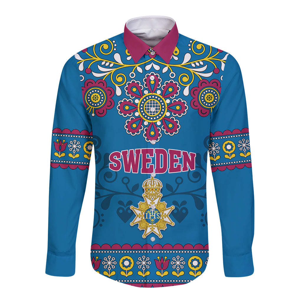 Blue long-sleeve button shirt with magenta collar, Sweden graphic and crowns