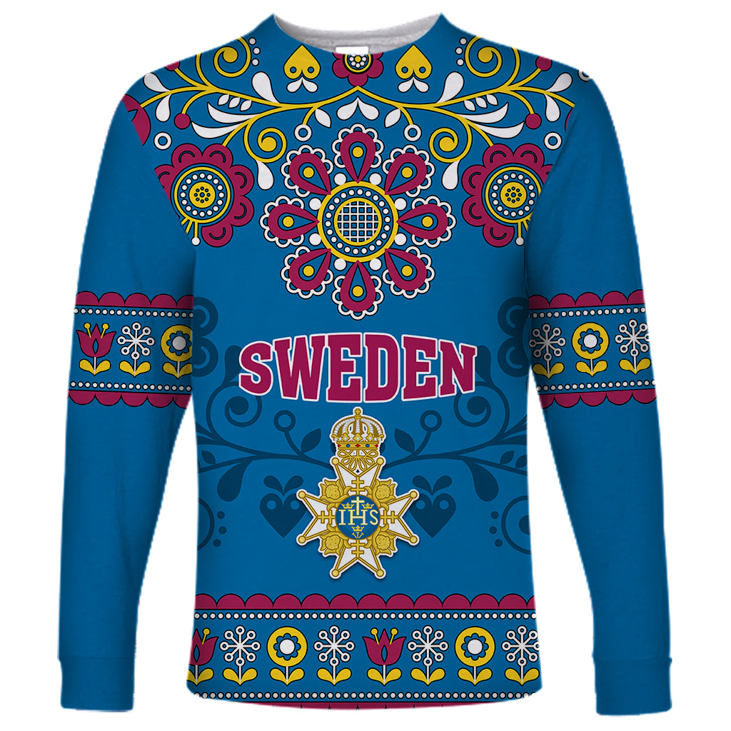 Custom Sweden Long Sleeve Shirt Swedish Three Crown Mix Scandinavian Flowers - Wonder Print Shop