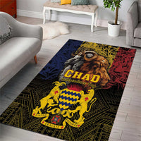 Rectangular black area rug with CHAD text and lion-goat emblem, yellow, blue, and red design.