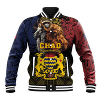 Unisex baseball jacket with CHAD lion and goat front graphic; striped collar/cuffs.