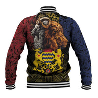 Unisex baseball jacket with back lion crest and animal artwork; striped ribbed hem.