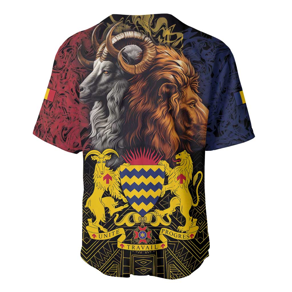 Chad baseball jersey with central lion and goat crest, multicolor African pattern