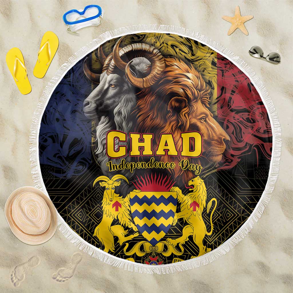 Round beach blanket with white fringe, multicolor African animal print