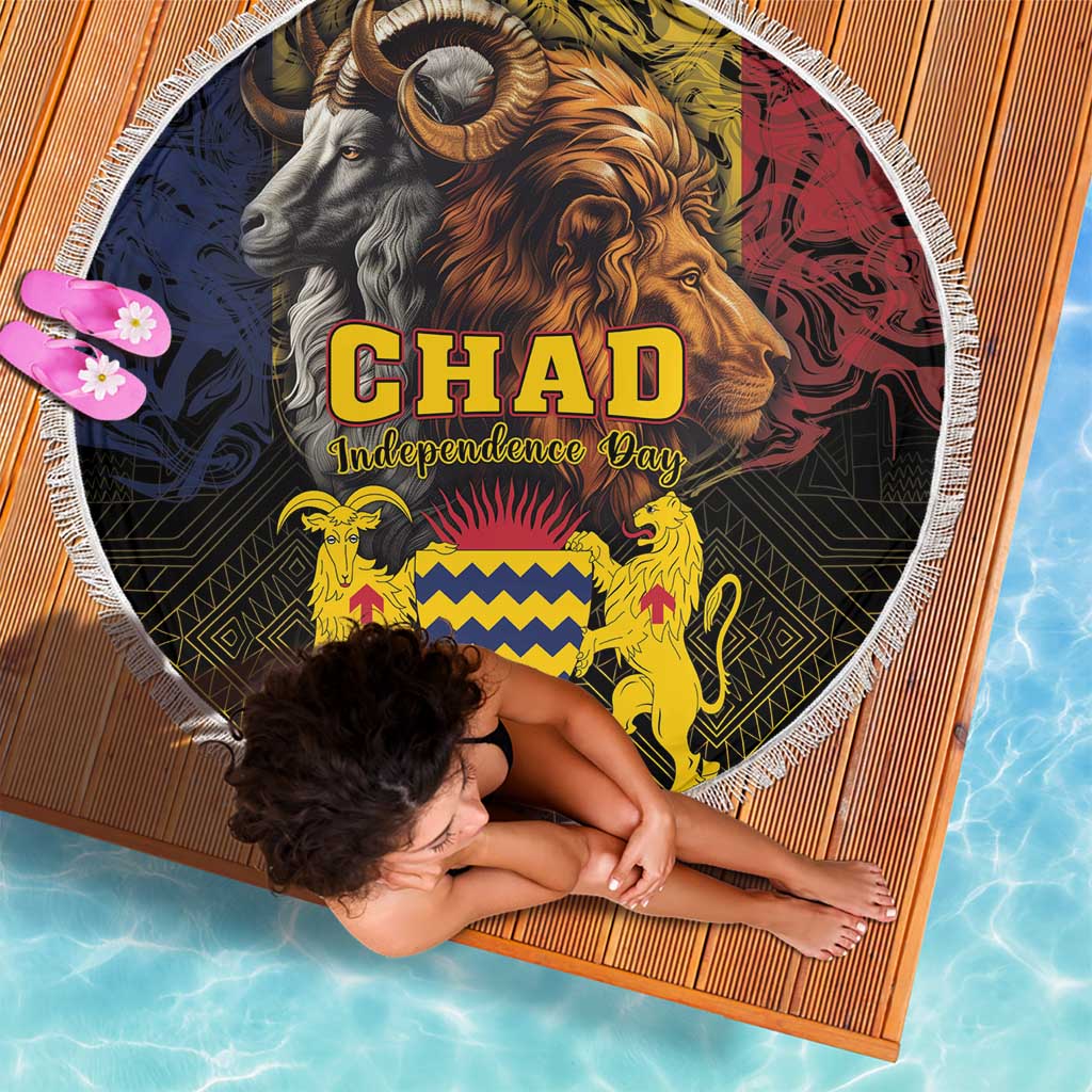 Round beach blanket with white fringe, Independence Day graphic with animals