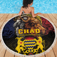 Round beach blanket with white fringe, animal faces and shield design center