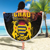 Round beach blanket with white fringe, bold Independence Day text and lion figures