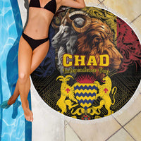 Round beach blanket with white fringe, black-and-yellow animal design by pool