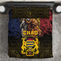 Bedding set with dark green geometric pattern and CHAD crest over blue, red, gold fabric