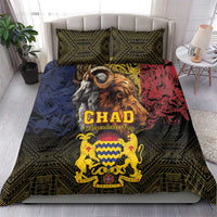 Bedding set with two pillowcases and duvet featuring dark green geometric border and CHAD crest