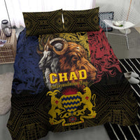Bedding set duvet with CHAD crest, lion and horned goat artwork on blue, red, gold design
