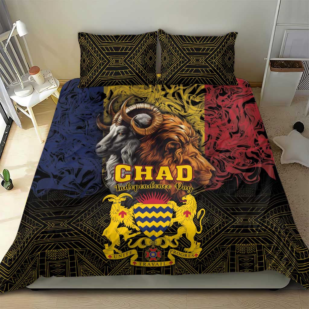 Bedding set with two dark green pillowcases and duvet showing CHAD emblem and lion/goat graphics