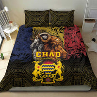 Bedding set with two dark green pillowcases and duvet showing CHAD emblem and lion/goat graphics